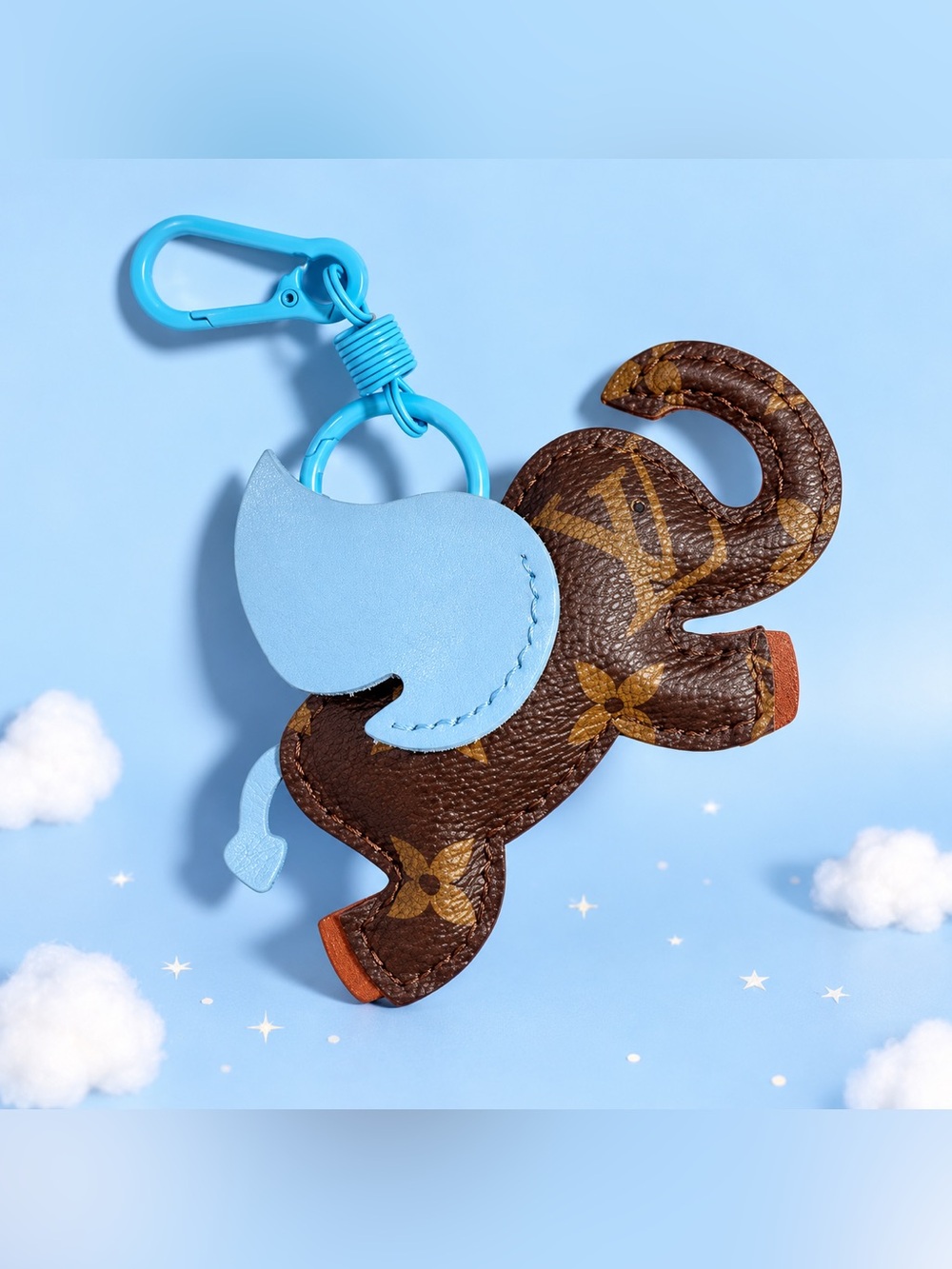 Repurposed Louse Vuitton Leatherette
Elephant Keychain Charm in Blue & Brown
